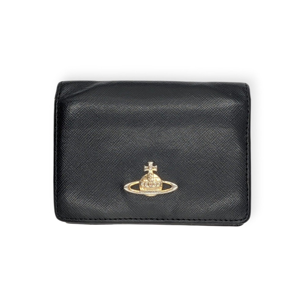 Vivienne Westwood Card Holder Wallet Black Saffiano Leather Gold Orb Small OS